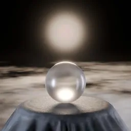 Realistic 3D-rendered leather podium with a transparent sphere on top, against a blurred cloud backdrop, showcasing product visualization.