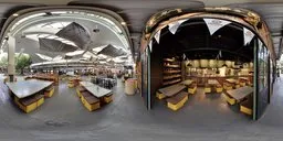 360-degree HDR image of an empty bar interior with wooden chairs and tables during the day for scene lighting.
