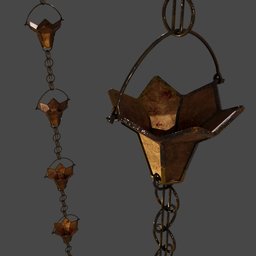 Detailed 3D model of a traditional Japanese rain chain with intricate funnels, optimized for Blender animation.