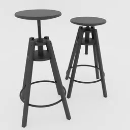 Detailed 3D render of adjustable black bar stools suitable for Blender 3D projects.