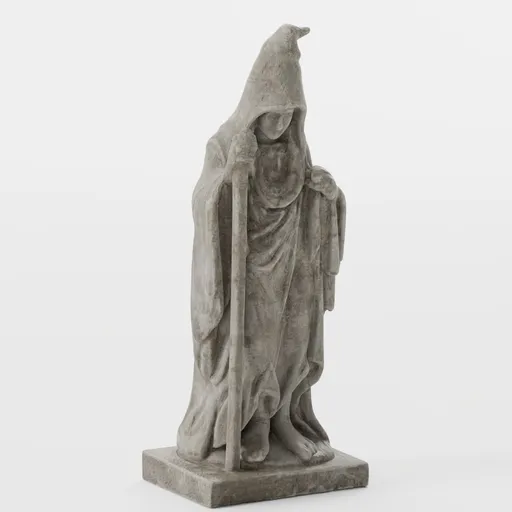 Detailed 3D witch sculpture with weathered textures, perfect for atmospheric Blender projects.