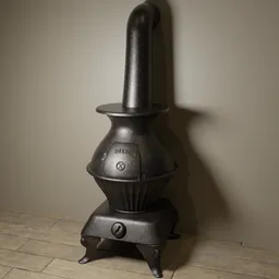 Realistic Blender 3D rendering of a vintage-style wood stove with detailed texture and lighting.