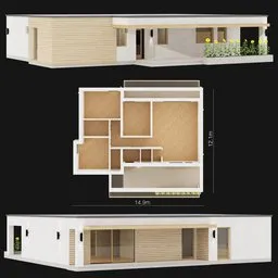 "Modern One Storey House 3D model for Blender 3D - A detailed and realistic single-story house design with a balcony and a living room. This 3D model features a monochromatic color palette, white wood elements, and a glass material setup for cycles. Perfect for architectural visualizations and interior design projects."