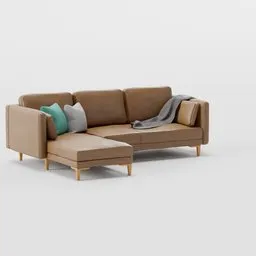 3D-rendered L-shaped leather sofa with cushions, brass legs, ideal for interior design in Blender.