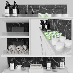 Detailed 3D bathroom shelf with towels, dispensers, and decor optimized for Blender Cycles and Eevee rendering.