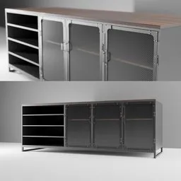 Highly detailed Blender 3D model of an industrial-style sideboard with metal frame and wooden accents.