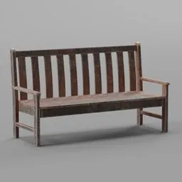 "3D model of a metal street bench with wooden seat on a gray background. Rustic and detailed design inspired by Stanley Bahe, perfect for decoration in Blender 3D. Suitable for garden environments and street scenes."