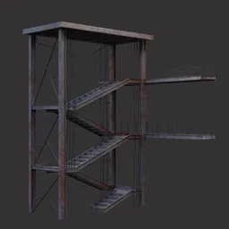 "Industrial-style metal and wooden stairway 3D model for Blender 3D, perfect for creating detailed renderings of cat towers, source engine maps, and abandoned warehouses. Sturdy construction ideal for climber scenes and curvy builds. Half textured and half wireframe option available, with destructible environments in mind. "