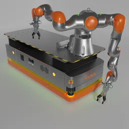 Detailed 3D rendering of an industrial robotic arm with a mobile platform, designed in Blender, showcasing moveable parts and grippers.
