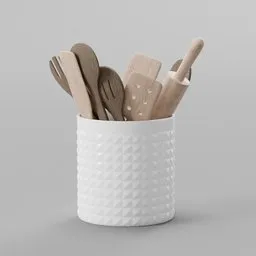 "Set of kitchen utensils and appliances in a ceramic cup, created as a 3D model in Blender 3D. Features spoons, forks, and more in a Swedish-style design near a kitchen stove. Perfect for game assets or RPG item renders."