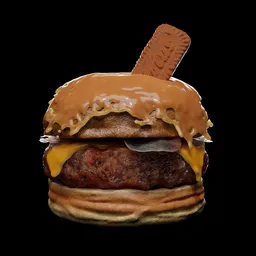 Detailed 3D-rendered burger with cheese and fluid dynamics, perfect for Blender 3D graphics projects.