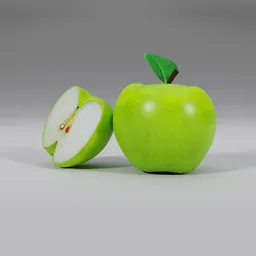 Detailed 3D rendering of a vibrant green apple with a cut section, showcasing texture and realism for Blender artists.