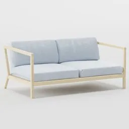 High-quality Blender 3D model of a modern light wood frame sofa with blue cushions.
