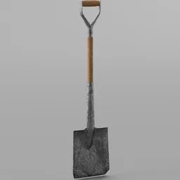 Realistic Blender 3D model of a garden shovel with textured wooden handle and metal spade.