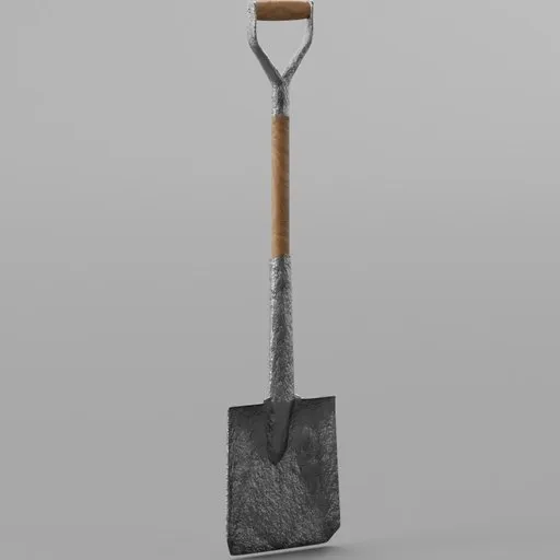 Realistic Blender 3D model of a garden shovel with textured wooden handle and metal spade.