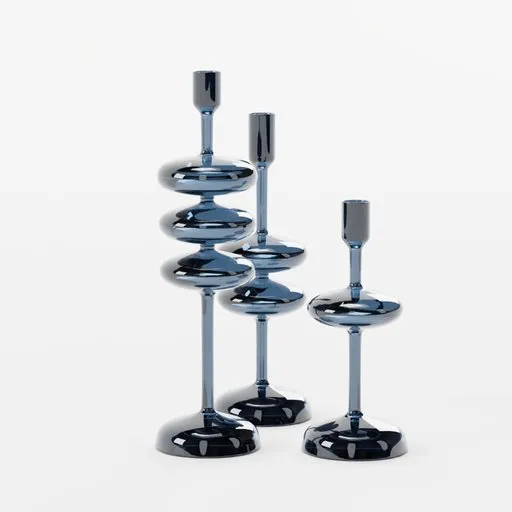 Detailed 3D model of sculptural blue glass candle holders with elongated bubbles and slender stems.
