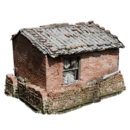 Detailed 3D render of an aged brick structure with a tiled roof, suitable for use in Blender historical scenes.
