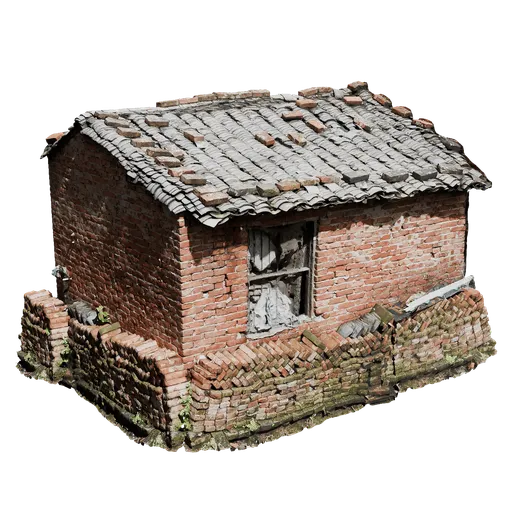 Detailed 3D render of an aged brick structure with a tiled roof, suitable for use in Blender historical scenes.