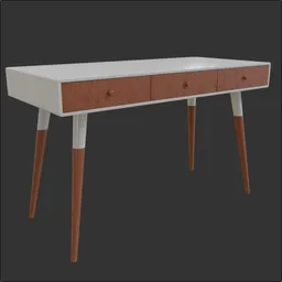 3D model of a modern wooden table with tapered legs and drawers, compatible with Blender 3D.