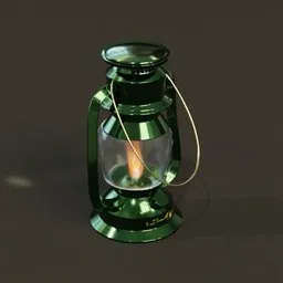 Realistic green 3D-rendered oil lamp with flame, designed for climbing scenarios, compatible with Blender 3D software.