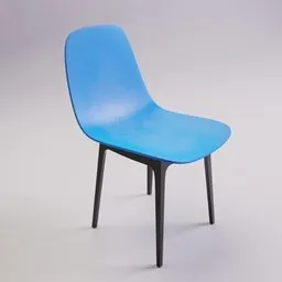 "Blue PVC dining chair with black legs, modeled in Blender 3D. Inspired by James Gilleard and James Jean's hardsurface designs, featuring a smooth texture and photographed from the back. Also known as the Ikea Odger chair."