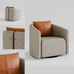 Detailed 3D rendering of a modern armchair with beige upholstery and a brown leather pillow, suitable for Blender projects.