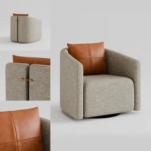 Detailed 3D rendering of a modern armchair with beige upholstery and a brown leather pillow, suitable for Blender projects.