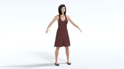 Realistic 3D female model in red dress, compatible with Blender, posed for animation projects.