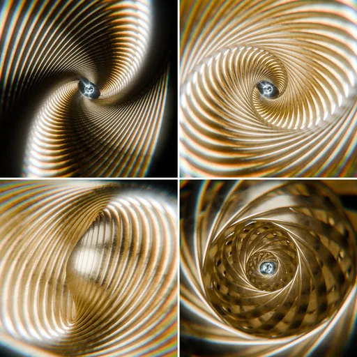 Warmly lit abstract 3D circular metallic structures spiraling into a tunnel, suitable for sci-fi and conceptual art.