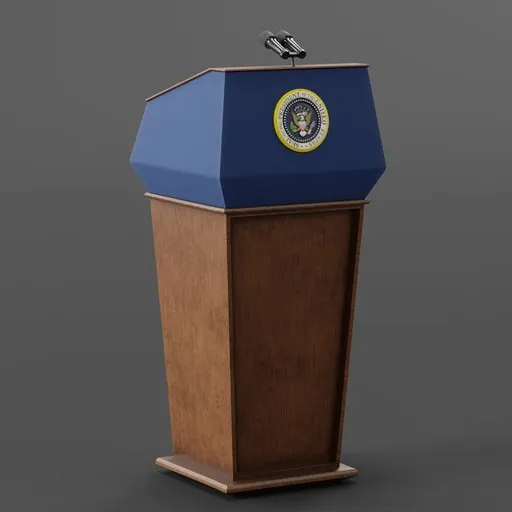 Detailed 3D rendering of a presidential podium with a seal, optimized for Blender, showcasing textures and lighting.