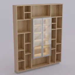 Detailed wooden cupboard 3D model with glass doors, designed for Blender rendering and visualizations.