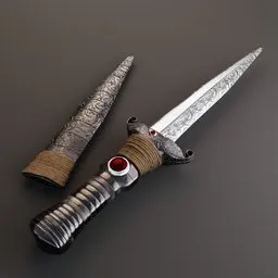 Intricately detailed 3D model of an antique dagger with sheath, textured and designed for Blender rendering.