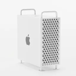 "White Mac Pro desktop computer by Jan Tengnagel and Marc Newson, inspired by John Nelson Battenberg and Oton Iveković. Minimalist cartoon-style design with many holes and an apple inside its box. Perfectly complements the Apple Pro Display XDR."