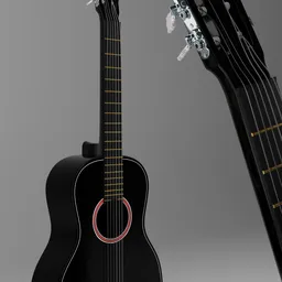 "Realistic black classic guitar 3D model for Blender 3D software, inspired by Cándido López. Detailed face and body with exquisite details, modeled in Poser. Perfect for musicians and artists seeking high-quality guitar models."