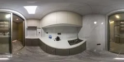 360-degree HDR panorama of a modern kitchen interior at night, with reflections suggesting rainy weather outside.