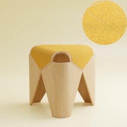 "High-quality Falabella stool 3D model for Blender 3D with realistic fabric and stitches. Featuring a yellow seat and cushion, oak parquet, and accurate details. Perfect for all your chair modeling needs."