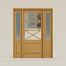 Realistic wooden 3D model door with glass panels for Blender rendering, intricately designed for architectural visualization.