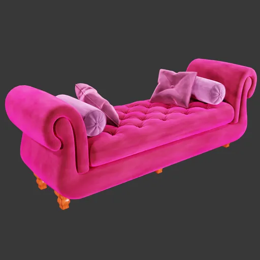 Detailed 3D rendering of a luxurious pink Chesterfield sofa with pillows, designed in Blender.
