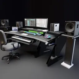 "Studio Desk in Blender 3D: Professional music room furniture featuring a keyboard, monitor, and speakers. High-quality 3D model with photoreal details, perfect for creating realistic scenes. Ideal for high budget music studios and video game asset files."