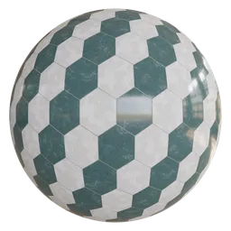 4K PBR Marble hexagonal tile material for Blender 3D, showcasing dark green and white tones.