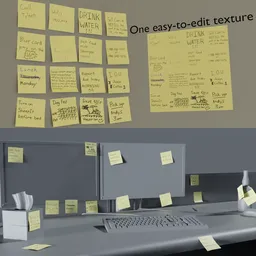 "Customizable Sticky Notes 3D model for Blender 3D - perfect for adding details to office or desk scenes. Easily edit the texture to match your desired aesthetic. Created with meticulous detail and available in the "stationery" category on BlenderKit."