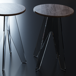 "Glass and wood bar stool 3D model for Blender 3D software. Reflective gradient with metal legs, inspired by Alfred Manessier. Rendered image showcasing simplified shapes and light displacement."