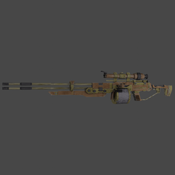 "Lyudmila 3D model - a military sci-fi rifle with long barrel and muzzle, inspired by Borderlands 2. Rendered in Blender 3D with stunning details and effects including yellow creeper, sniper, thylacine, and gentle smoke effect."