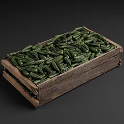 3D modeled wooden crate filled with detailed green cucumbers, ready for market display and game rendering in Blender 3D.