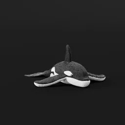 "Child-friendly Orca Whale Plushie 3D Model for Blender 3D - Toy Category. Soft and cuddly animal hat on a sad-looking whale lying on a black surface, with an orthochromatic look filter and ambient occlusion render. Perfect for in-game design, toys, and educational materials."