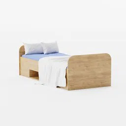 Realistic oak wood child's bed 3D model with blue and white bedding, suitable for Blender rendering.