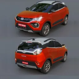 Highly detailed orange Tata Nexon 3D model with rigging, crafted in Blender, suitable for animation and rendering projects.
