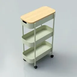 3-tier rolling cart with wooden top for Blender 3D model, optimized storage solution design.