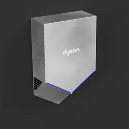 3D model of a sleek Dyson hand dryer with touch-free Airblade technology for public restrooms.
