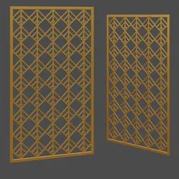 "Partition diamond grid 3D model for Blender 3D: a decorative screen with a wireframe pattern and gold trim, perfect for interior decoration. Low poly outlines, metal key, and arcane style. Ideal for creating an elegant and unique atmosphere."